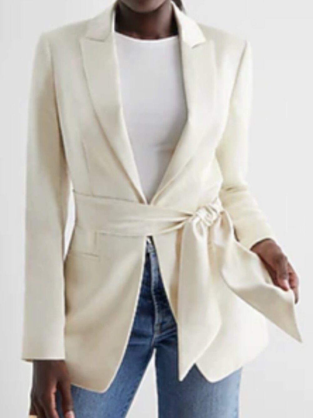 Express Ivory Premium Satin Tie Belt Notch Collar Stretch Blazer